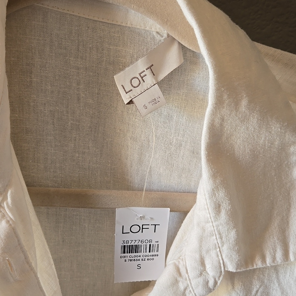 New Loft Utility Button Up Shirt Linen Blend Cinch Sleeve Ties S Layer Cropped - Picture 2 of 8